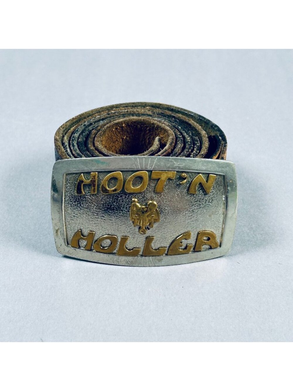 Vintage Hoot 'n Holler Belt Buckle and Leather Belt